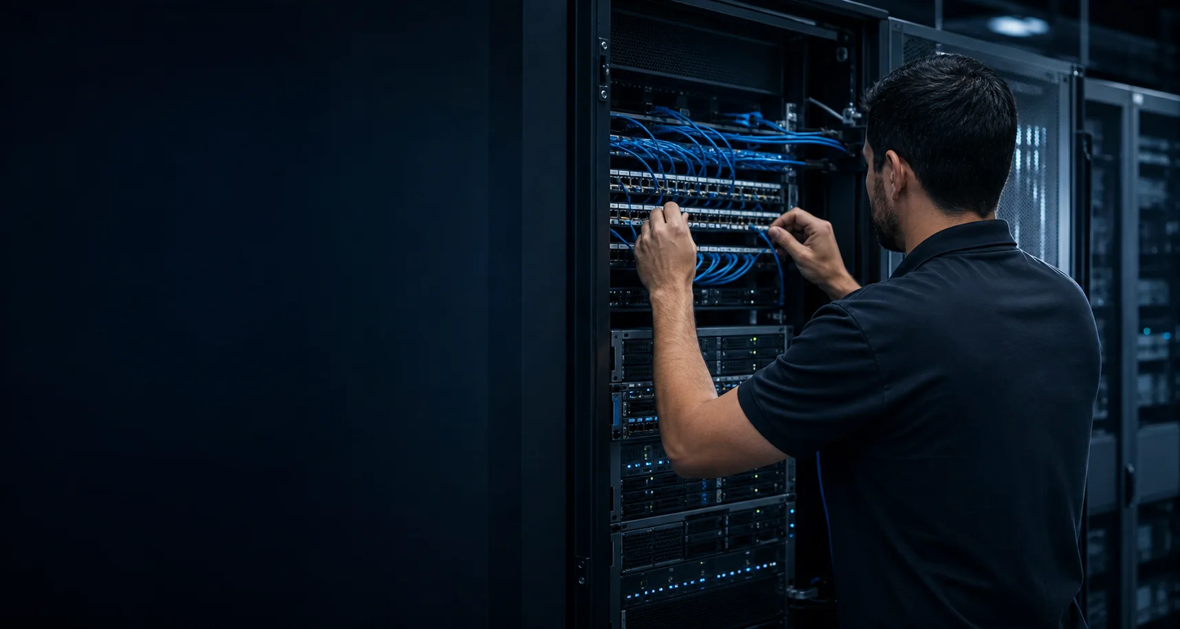 Técnico instalando cableado de red y dando mantenimiento a un servidor
